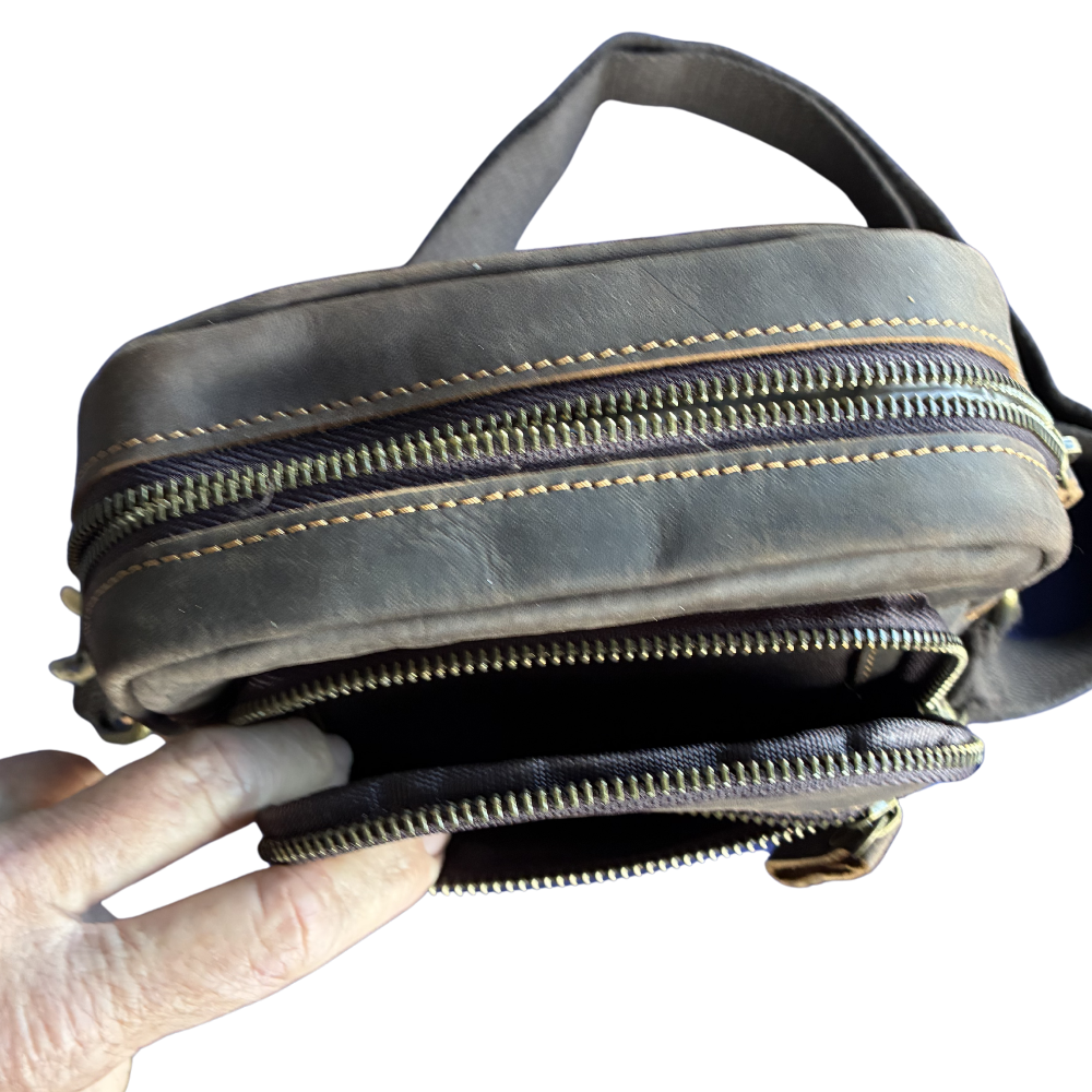 Vivace Sling Bag: COFFEE BROWN Genuine Leather with Adjustable Strap FRONT POCKETS