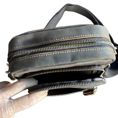 Vivace Sling Bag: COFFEE BROWN Genuine Leather with Adjustable Strap FRONT POCKETS