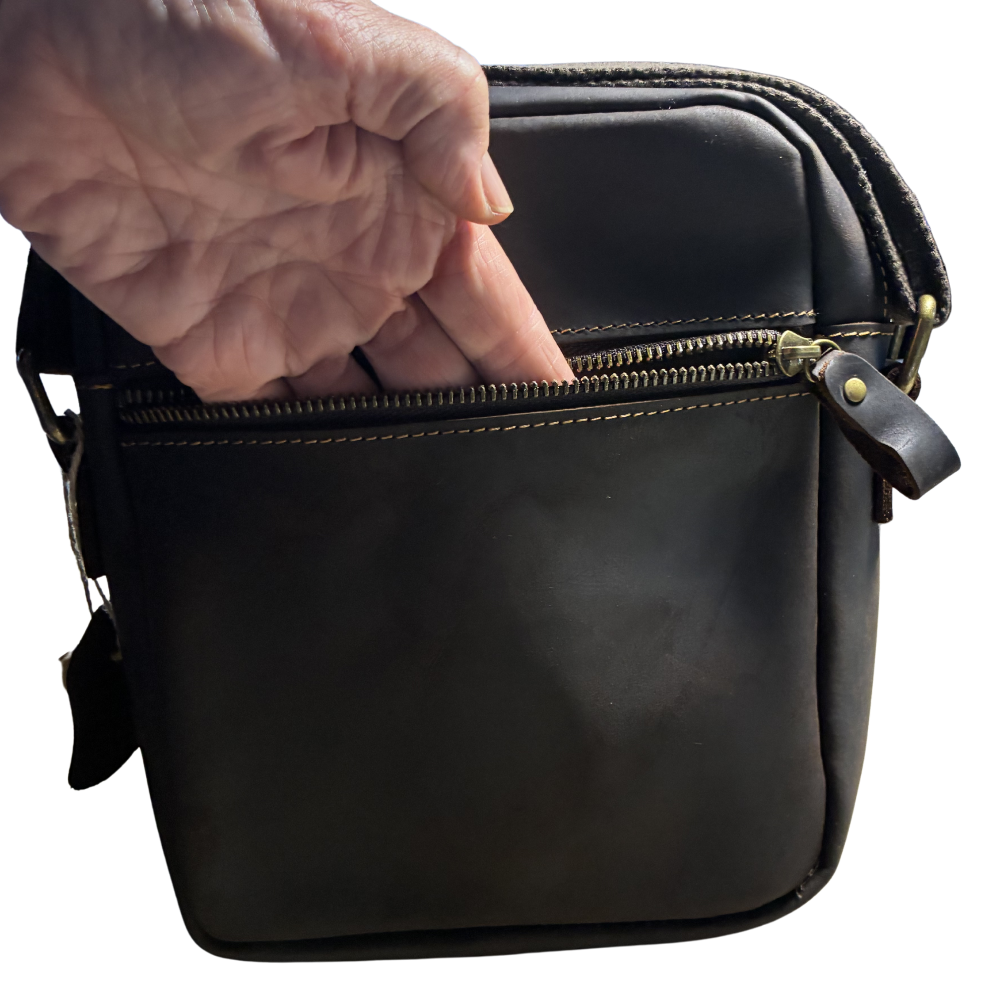 Vivace Sling Bag: DARK COFFEE BROWN Genuine Leather with Adjustable Strap BACK POCKET