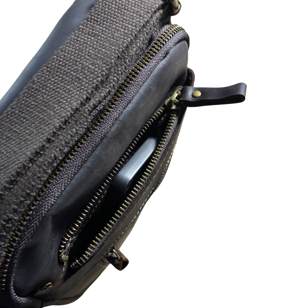Vivace Sling Bag: DARK COFFEE BROWN Genuine Leather with Adjustable Strap PHONE IN FRONT MIDDLE POCKET