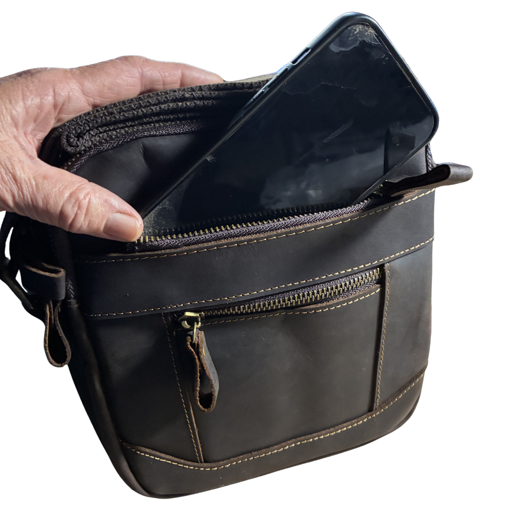 Vivace Sling Bag: DARK COFFEE BROWN Genuine Leather with Adjustable Strap SIDE POCKET