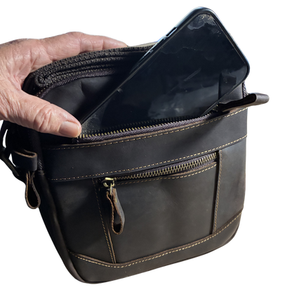 Vivace Sling Bag: DARK COFFEE BROWN Genuine Leather with Adjustable Strap SIDE POCKET