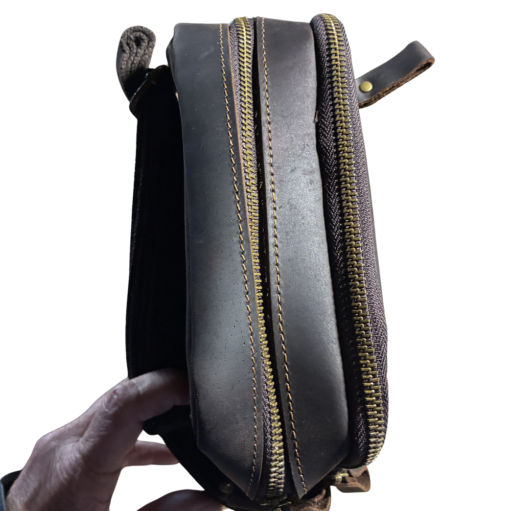 Vivace Sling Bag: DARK COFFEE BROWN Genuine Leather with Adjustable Strap TOP POCKETS ZIPPED