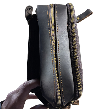 Vivace Sling Bag: DARK COFFEE BROWN Genuine Leather with Adjustable Strap TOP POCKETS ZIPPED