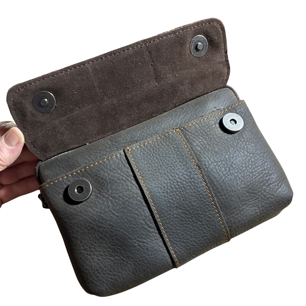 Vivace Sling Bag: DEEP COFFEE BROWN Genuine Leather Cross Body & Belt Bag FRONT FLAP OPEN