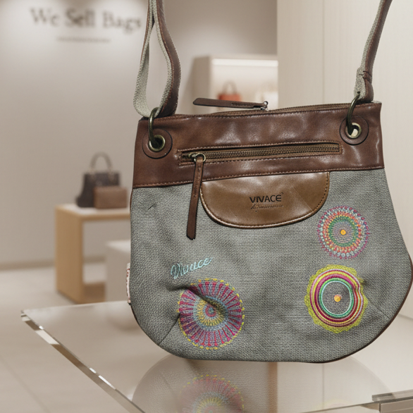 Vivace Sling Bag: GREY Hessian and Leather bag with Embroidery