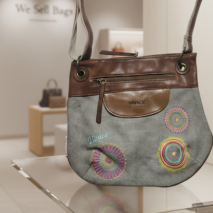 Vivace Sling Bag: GREY Hessian and Leather bag with Embroidery