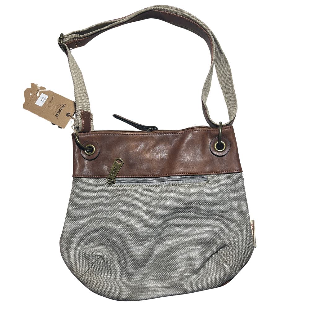 Vivace Sling Bag: GREY Hessian and Leather bag with Embroidery BACK