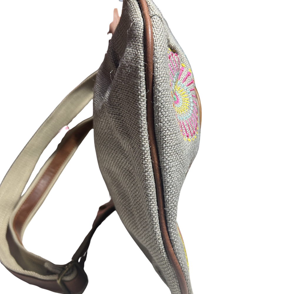 Vivace Sling Bag: GREY Hessian and Leather bag with Embroidery BOTTOM