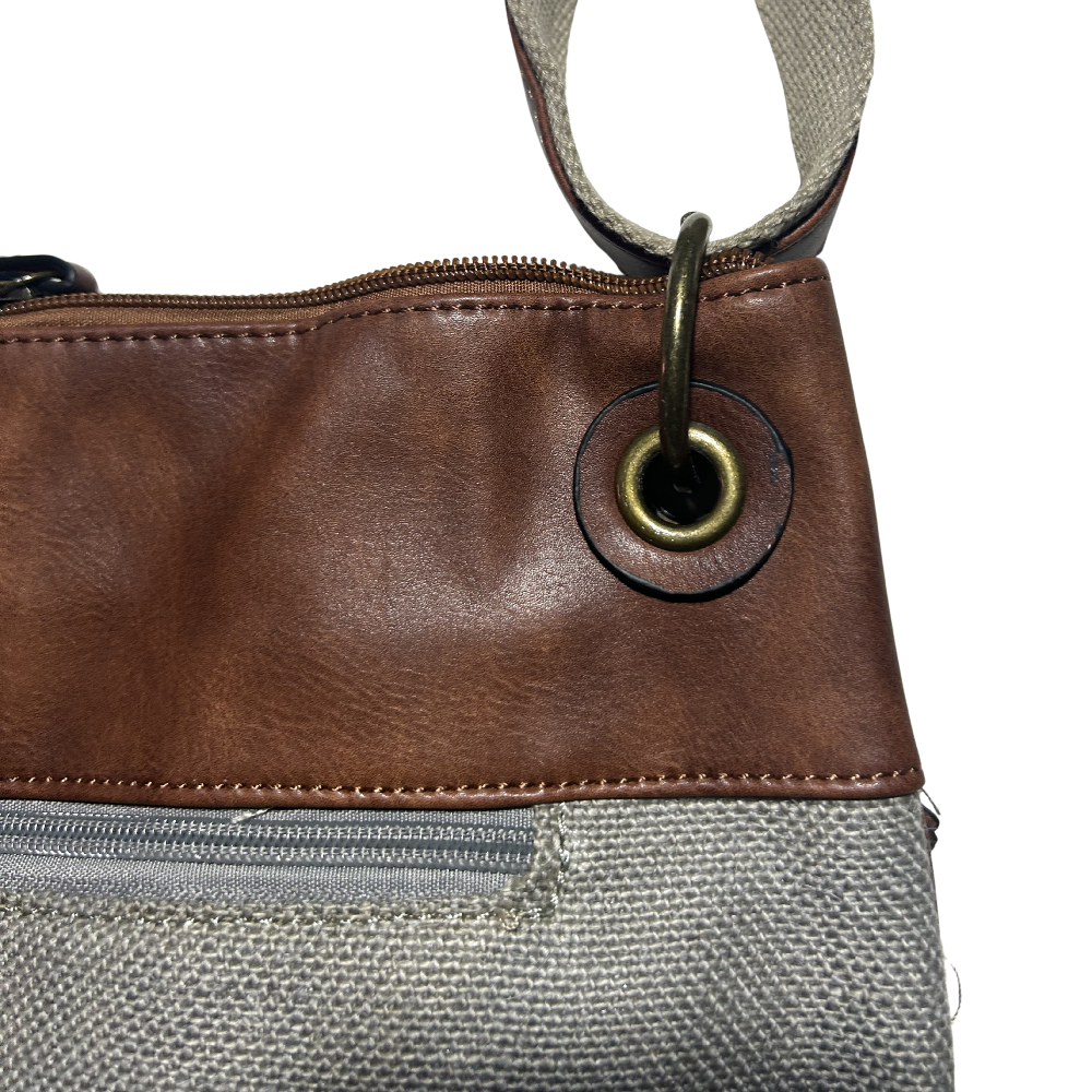 Vivace Sling Bag: GREY Hessian and Leather bag with Embroidery DETAIL