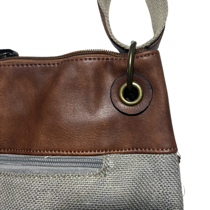 Vivace Sling Bag: GREY Hessian and Leather bag with Embroidery DETAIL