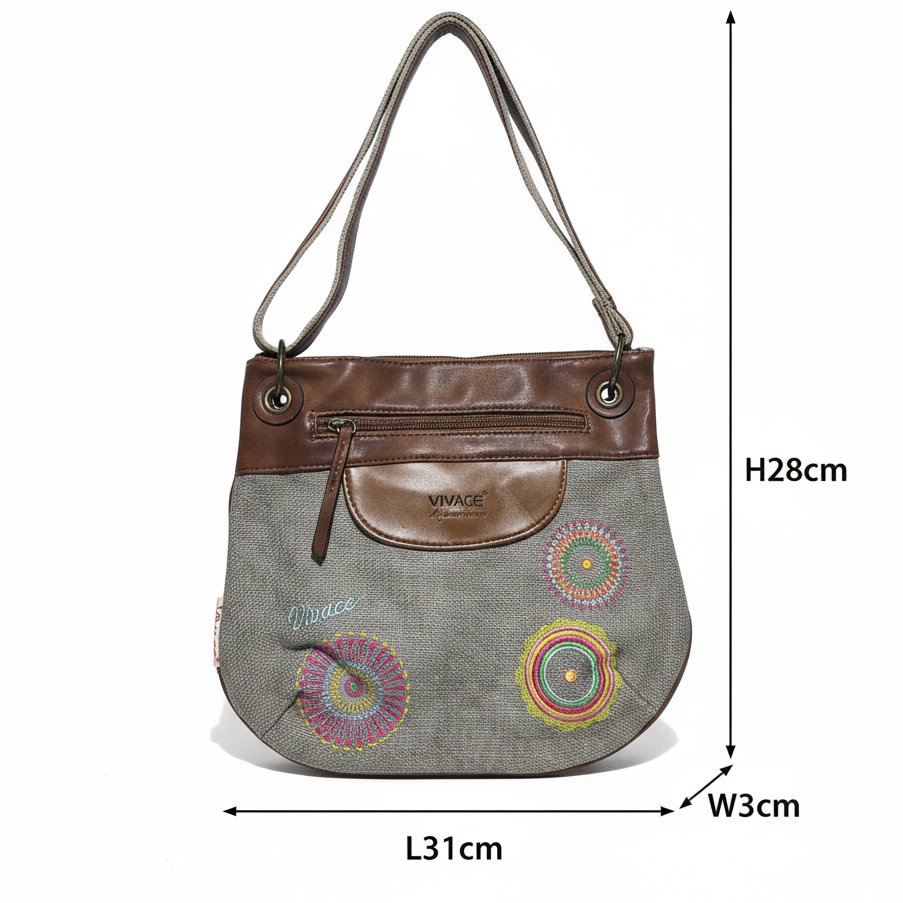Vivace Sling Bag: GREY Hessian and Leather bag with Embroidery SIZE