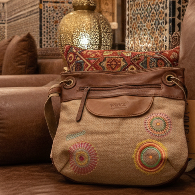 Vivace Sling Bag: SLIGHT PINK Hessian and Leather bag with Embroidery