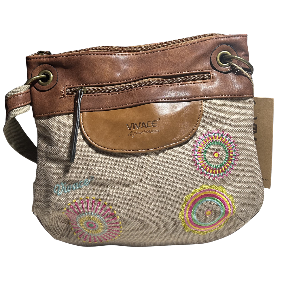Vivace Sling Bag: SLIGHT PINK Hessian and Leather bag with Embroidery FRONT DETAIL VIEW