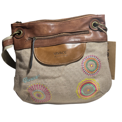 Vivace Sling Bag: SLIGHT PINK Hessian and Leather bag with Embroidery FRONT DETAIL VIEW