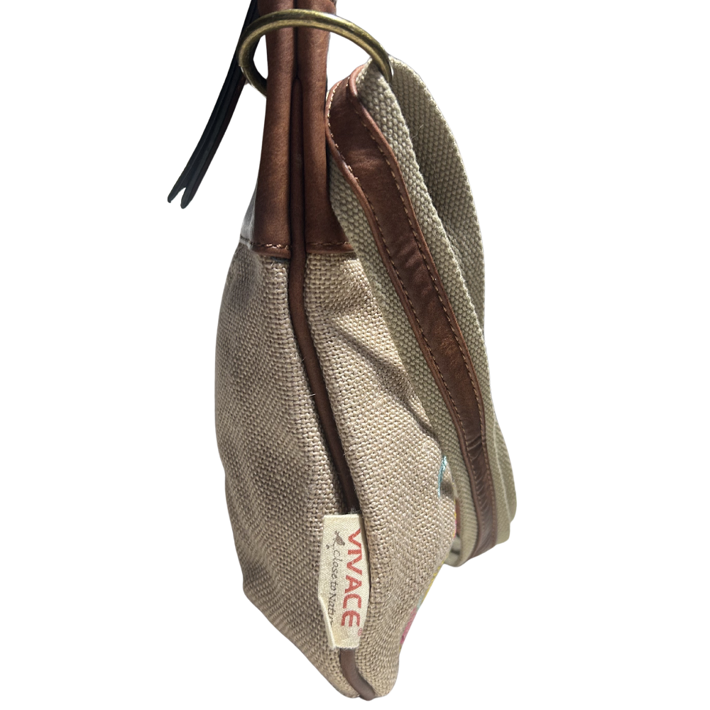 Vivace Sling Bag: SLIGHT PINK Hessian and Leather bag with Embroidery SIDE VIEW