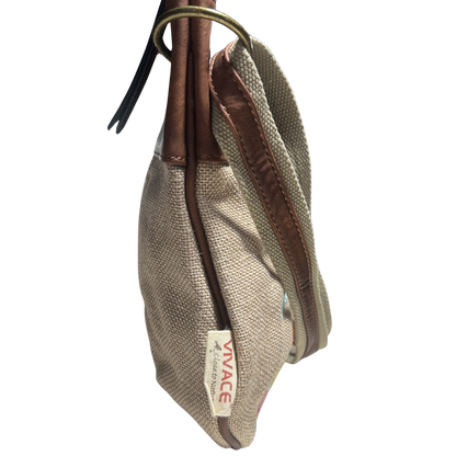 Vivace Sling Bag: SLIGHT PINK Hessian and Leather bag with Embroidery SIDE VIEW