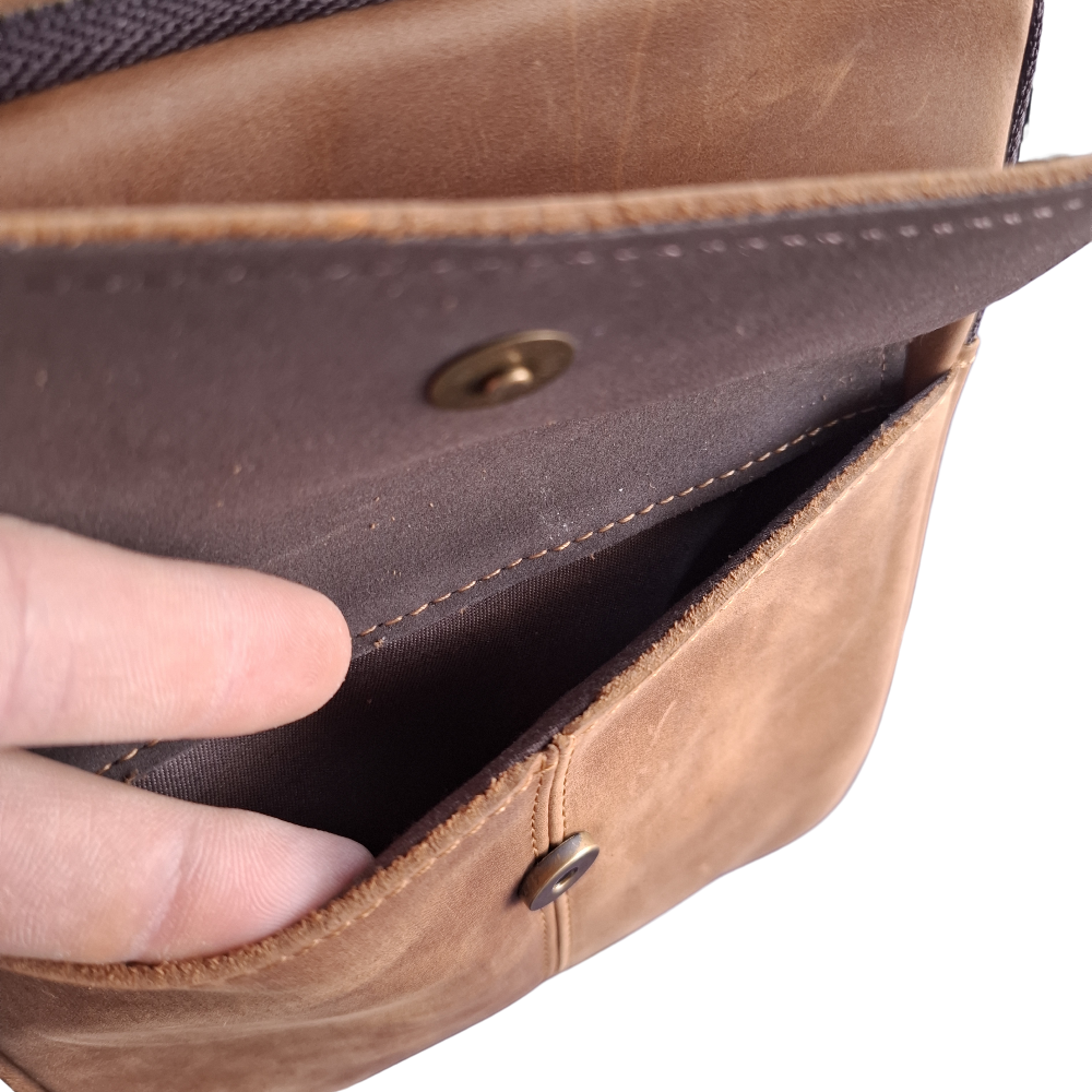 Vivace Sling Bag: TAN BROWN Genuine Leather with Adjustable Strap FRONT POCKET OPEN
