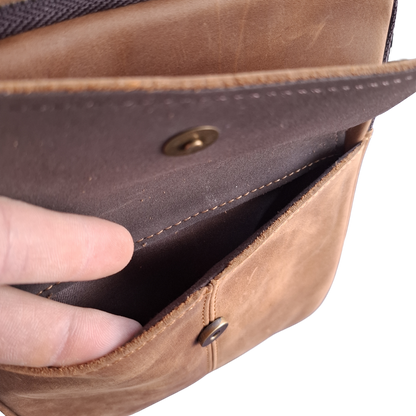 Vivace Sling Bag: TAN BROWN Genuine Leather with Adjustable Strap FRONT POCKET OPEN