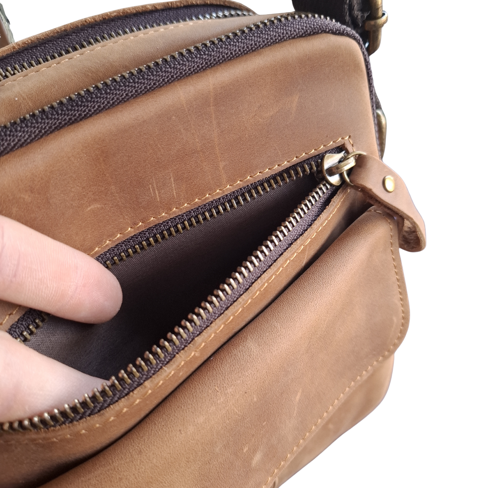 Vivace Sling Bag: TAN BROWN Genuine Leather with Adjustable Strap POCKET OPEN