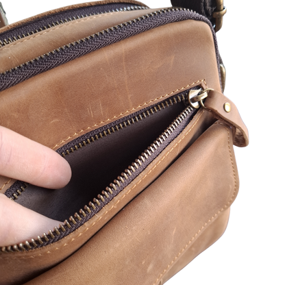 Vivace Sling Bag: TAN BROWN Genuine Leather with Adjustable Strap POCKET OPEN