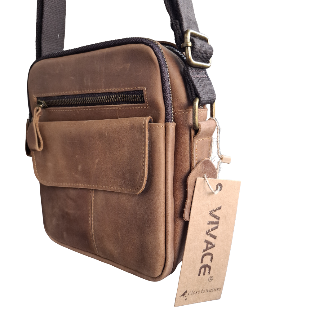 Vivace Sling Bag: TAN BROWN Genuine Leather with Adjustable Strap SIDE HANGING