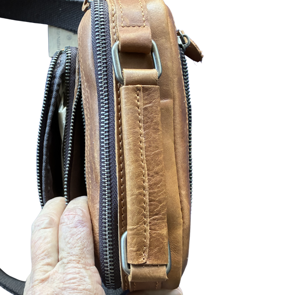 Vivace Sling Bag: TAN, Brown Genuine Leather Cross body with Adjustable Strap FRONT POCKETS OPEN