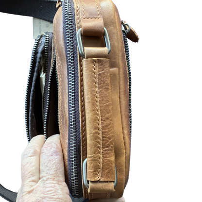 Vivace Sling Bag: TAN, Brown Genuine Leather Cross body with Adjustable Strap FRONT POCKETS OPEN