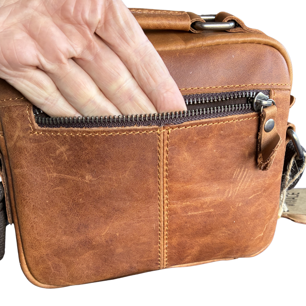Vivace Sling Bag: TAN, Brown Genuine Leather Cross body with Adjustable Strap HAND IN BACK POCKET