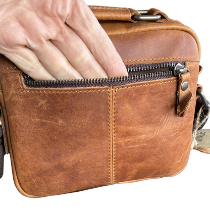 Vivace Sling Bag: TAN, Brown Genuine Leather Cross body with Adjustable Strap HAND IN BACK POCKET