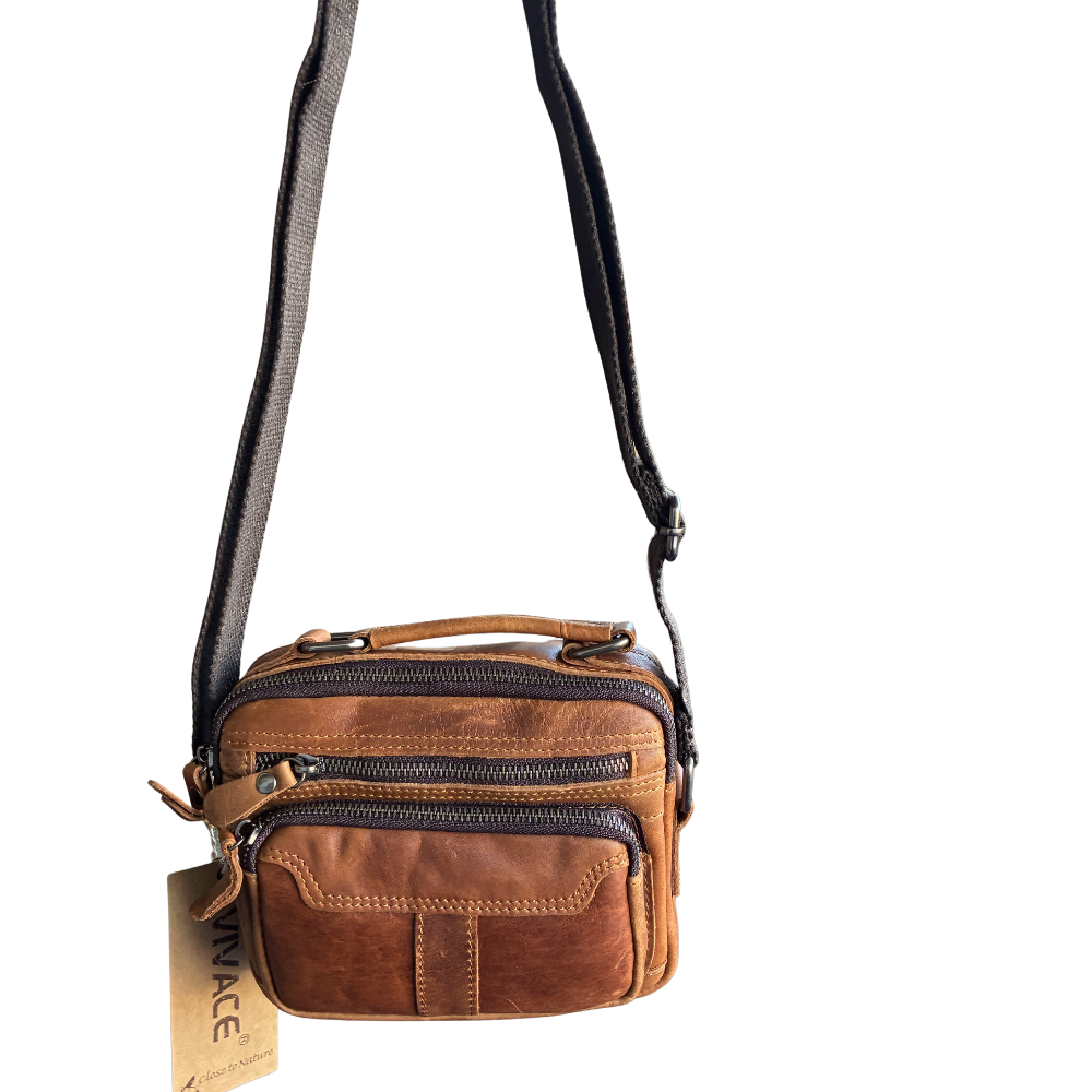 Vivace Sling Bag: TAN, Brown Genuine Leather Cross body with Adjustable Strap HANGING