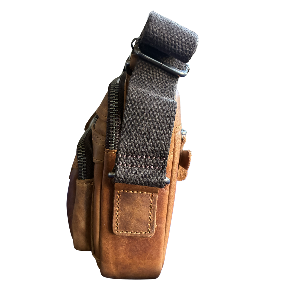 Vivace Sling Bag: TAN, Brown Genuine Leather Cross body with Adjustable Strap SIDE