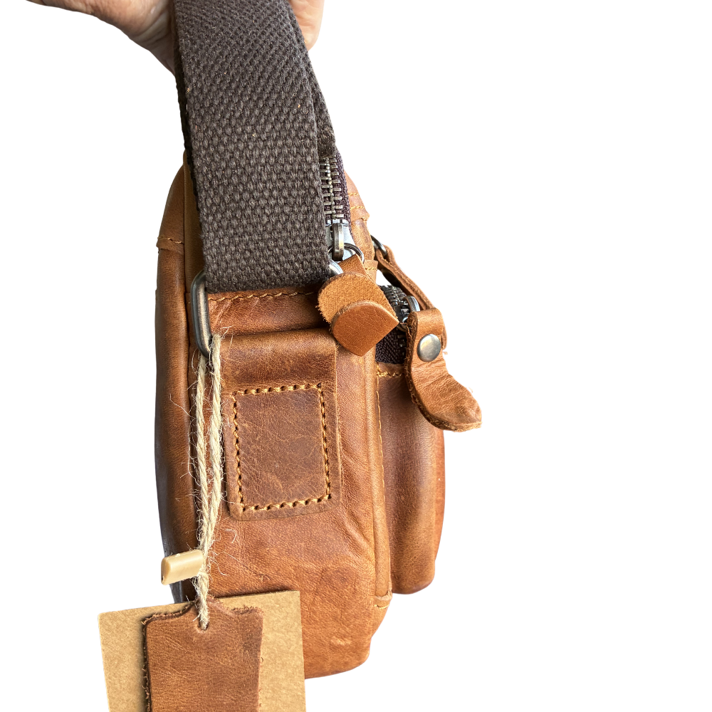 Vivace Sling Bag: TAN, Brown Genuine Leather Cross body with Adjustable Strap SIDE VIEW