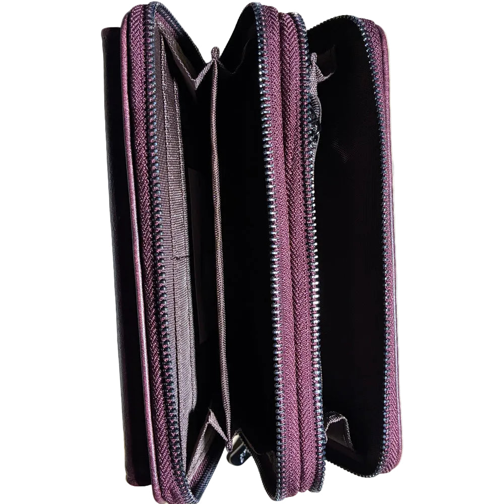 Vivace Sling Wallet: BORDEAUX PU Leather Horizontal Cellphone Sling OPEN
