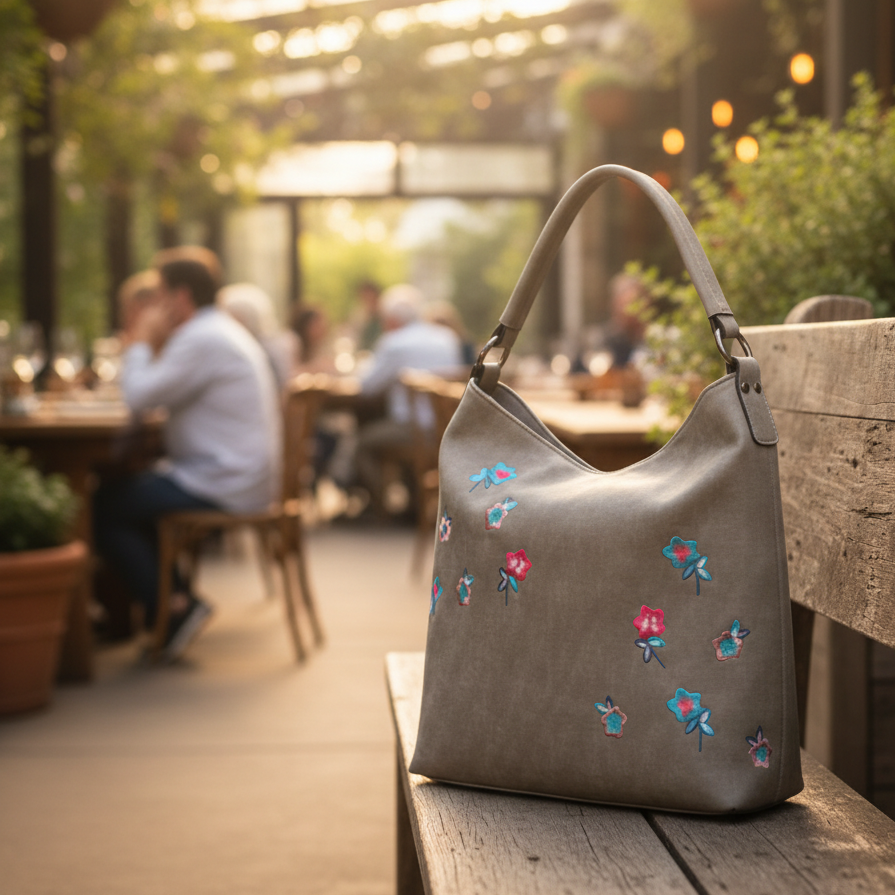Vivace Tote Bag: Khaki PU Leather Shopper Tote with Spring Blossom Embroidery LIFESTYLE