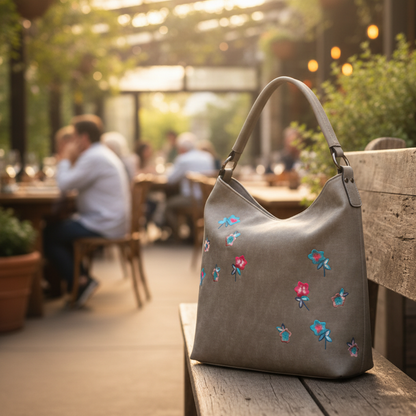 Vivace Tote Bag: Khaki PU Leather Shopper Tote with Spring Blossom Embroidery LIFESTYLE