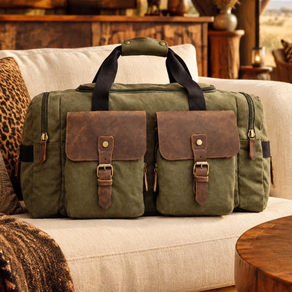 Vivace Travel Bag: ARMY GREEN Canvas Duffel with Genuine Leather Trim Hero