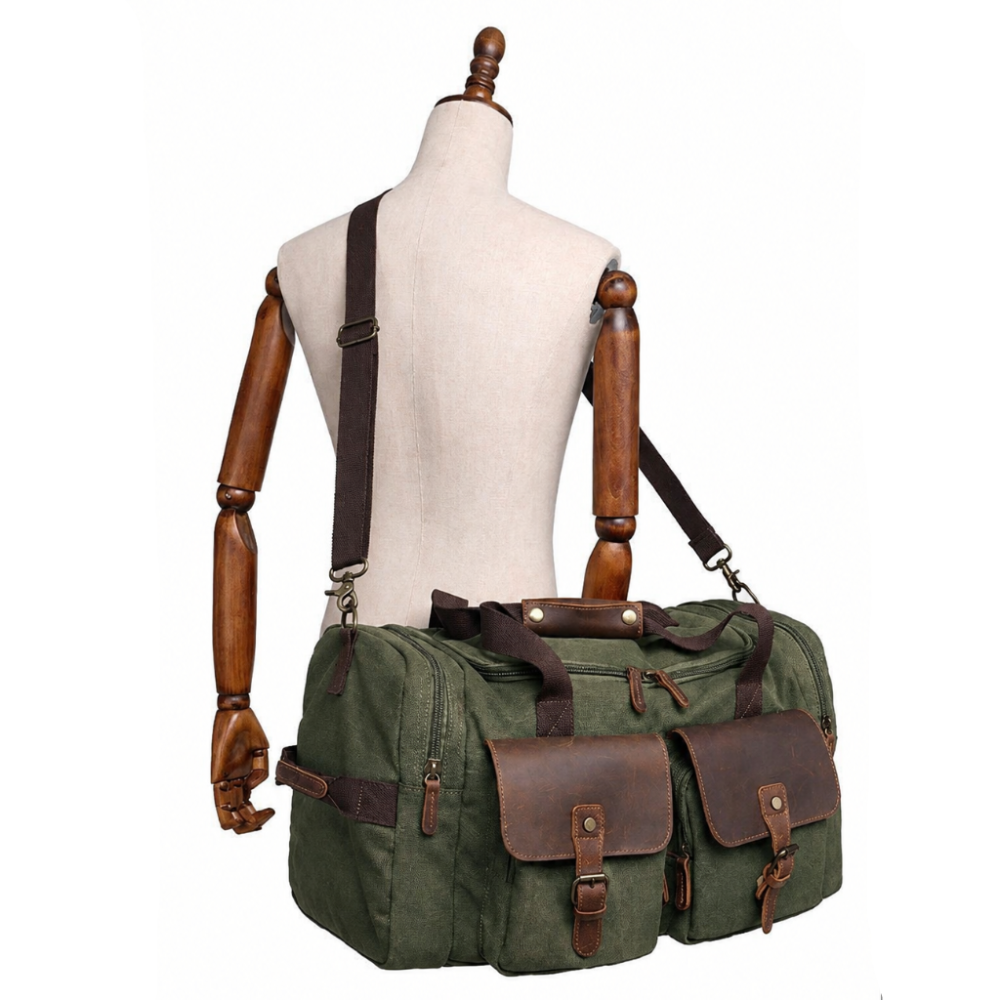 Vivace Travel Bag: ARMY GREEN Canvas Duffel with Genuine Leather Trim OVER SHOULDER