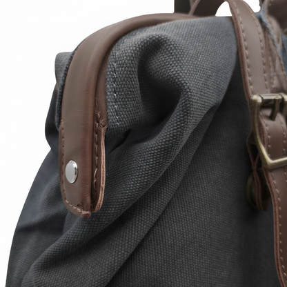 Vivace Travel Bag: CHARCOAL CANVAS and LEATHER Overnight Bag  DETAIL
