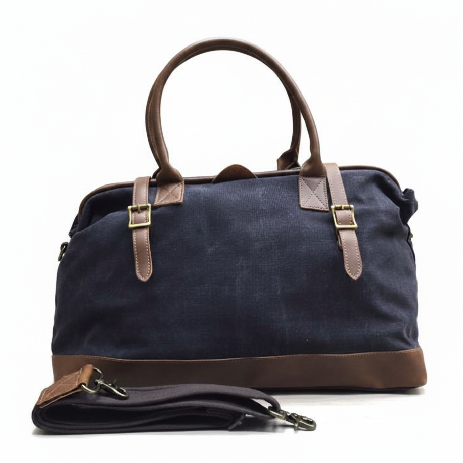 Vivace Travel Bag: CHARCOAL CANVAS and LEATHER Overnight Bag FRONT