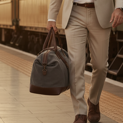 Vivace Travel Bag: CHARCOAL CANVAS and LEATHER Overnight Bag LIFESTYE