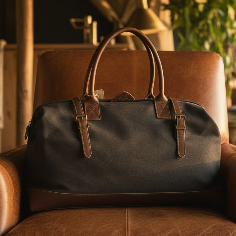 Vivace Travel Bag: CHARCOAL CANVAS and LEATHER Overnight Bag LIFESTYLE