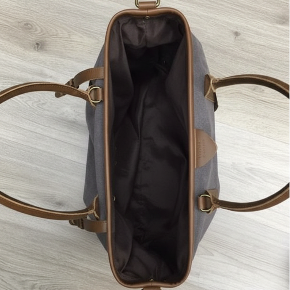 Vivace Travel Bag: CHARCOAL CANVAS and LEATHER Overnight Bag  OPEN TOP