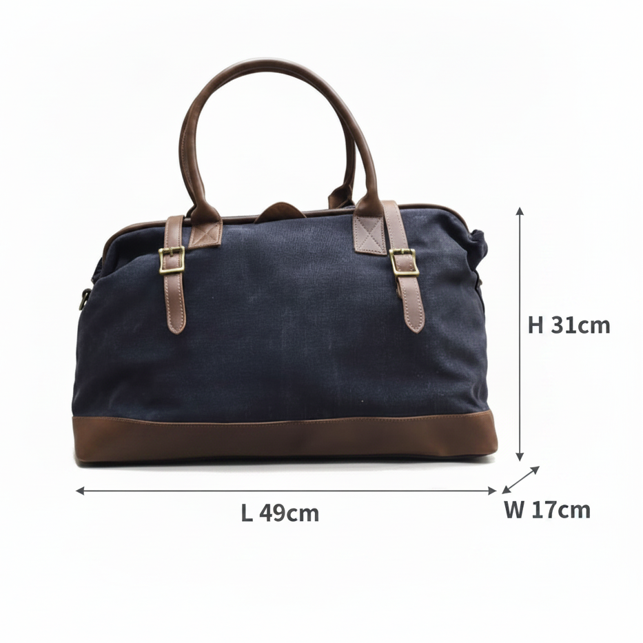 Vivace Travel Bag: CHARCOAL CANVAS and LEATHER Overnight Bag SIZE