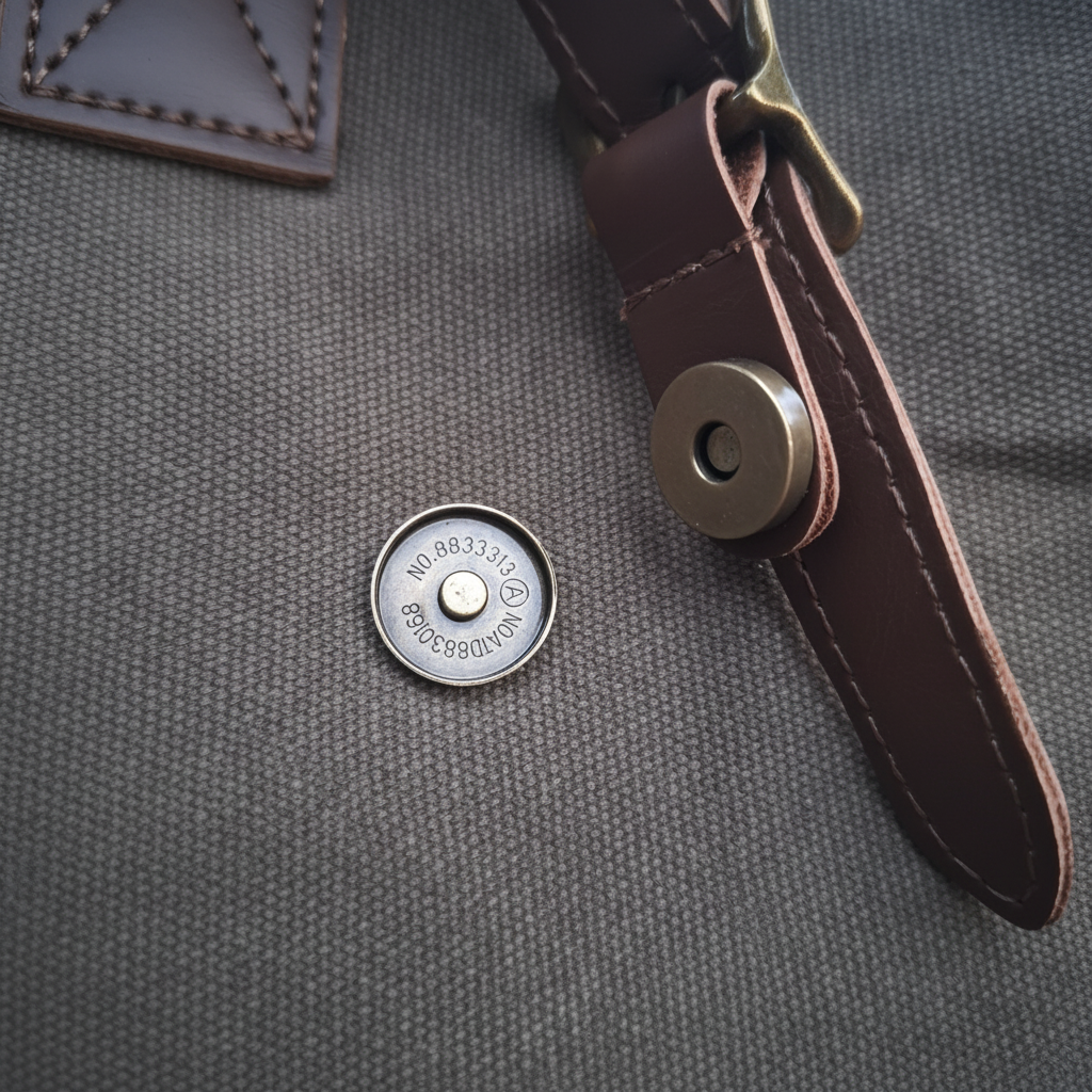Vivace Travel Bag: CHARCOAL CANVAS and LEATHER Overnight MAGNETIC CLIP DETAIL