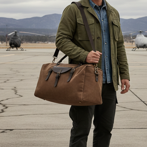 Vivace Travel Bag: COFFEE BROWN Waxed Canvas Duffel with Genuine Leather Trim LIFESTYE