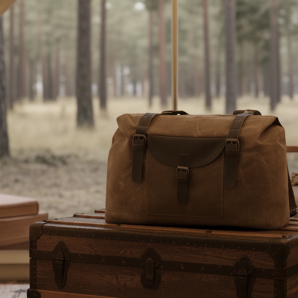 Vivace Travel Bag: COFFEE BROWN Waxed Canvas Duffel with Genuine Leather Trim LIFESTYLE VIEW