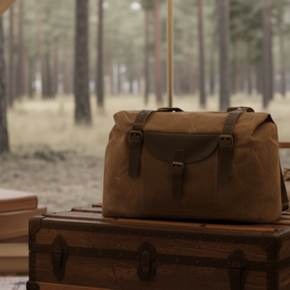 Vivace Travel Bag: COFFEE BROWN Waxed Canvas Duffel with Genuine Leather Trim LIFESTYLE VIEW