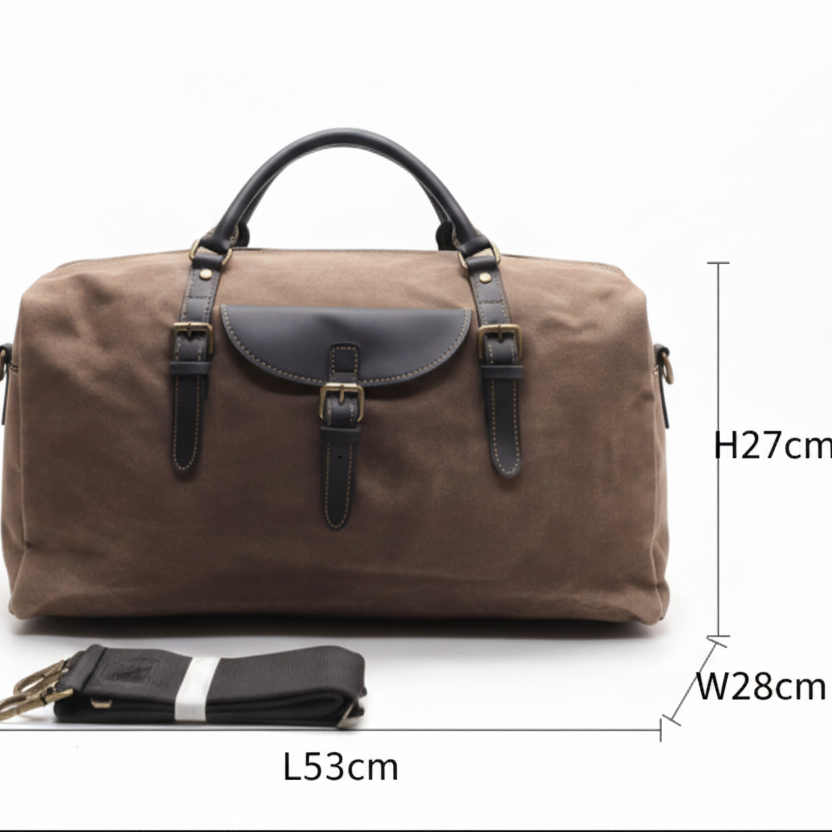 Vivace Travel Bag: COFFEE BROWN Waxed Canvas Duffel with Genuine Leather Trim SIZE
