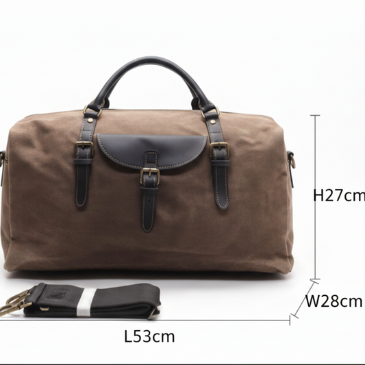Vivace Travel Bag: COFFEE BROWN Waxed Canvas Duffel with Genuine Leather Trim SIZE